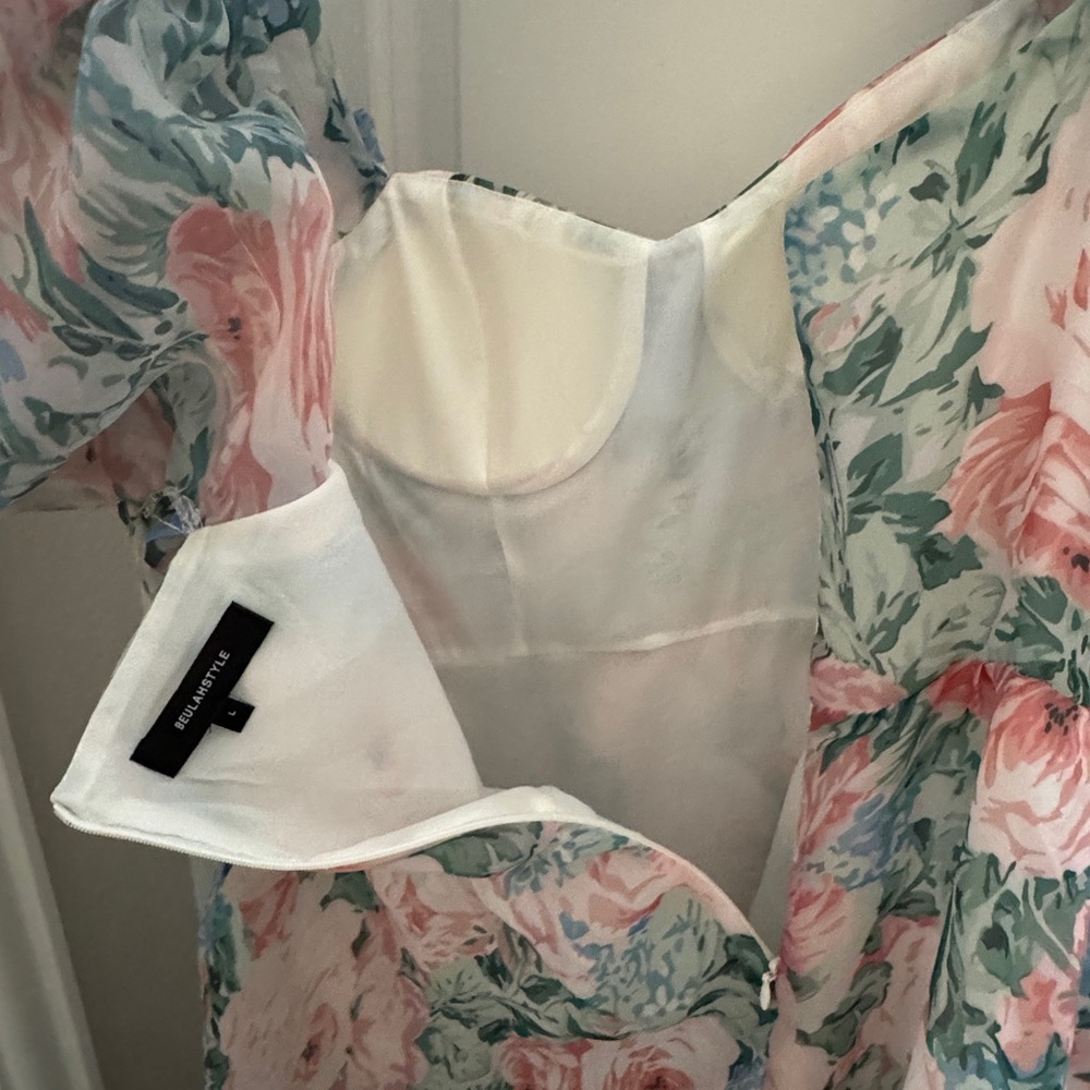 Pink and Blue puff sleeve floral floor length dress - Picture 4 of 5